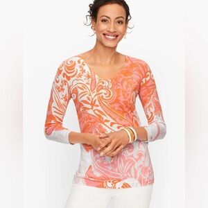 TALBOTS SLUB COTTON V-NECK SWEATER PAISLEY - Women’s M Orange